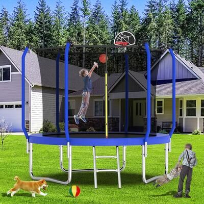 Staykiwi 10 ft. Blue Round Outdoor Trampoline with Enclosure Net and Basketball Hoop