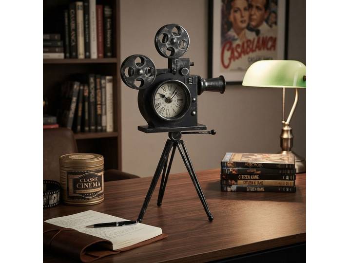 Filmkamera-Uhr, schwarz, Retro-Kamera-Uhr, L 29 x B 30 x H 53 cm