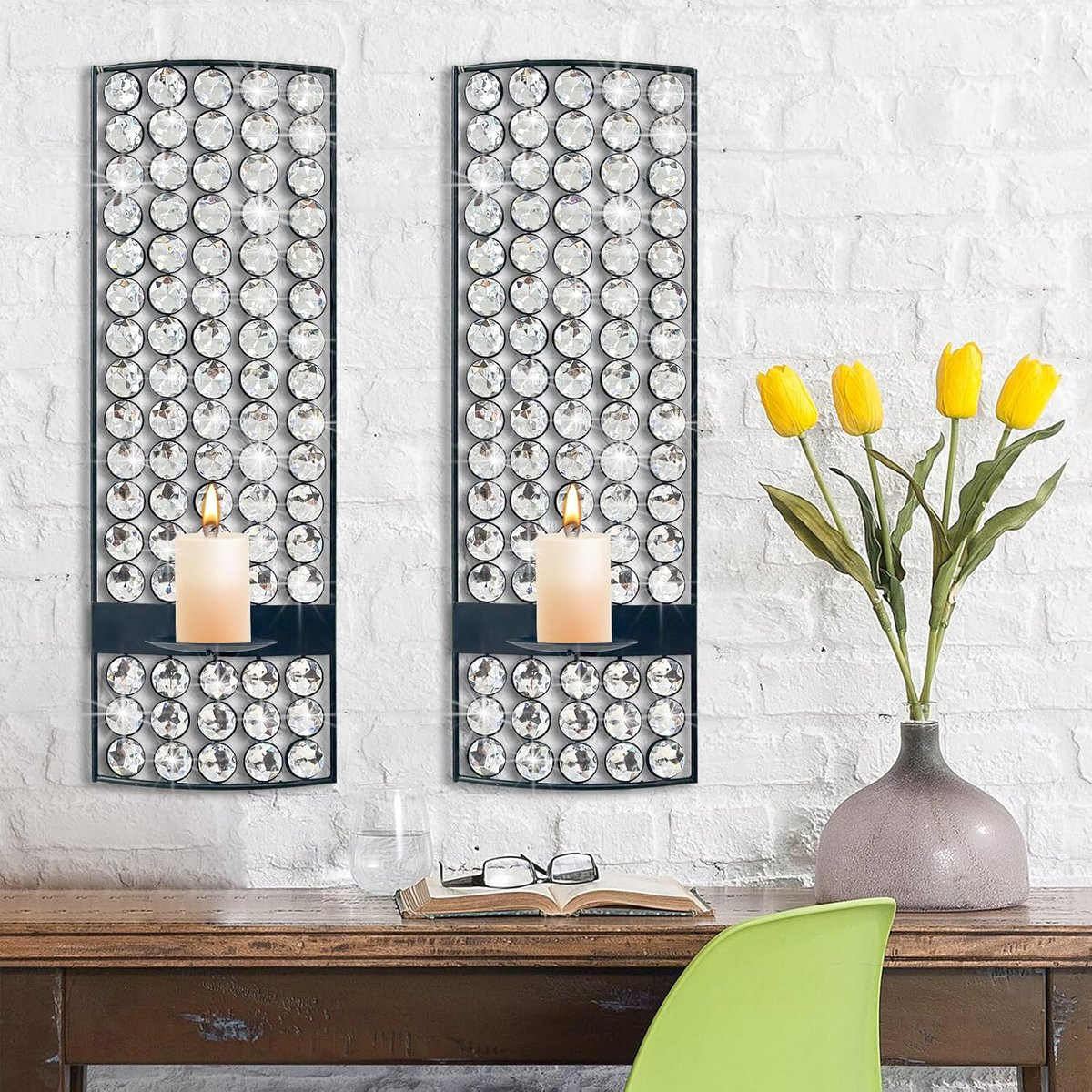 Set van 2 Wandkandelaars met Glanzende Kristallen voor Sfeervolle Verlichting