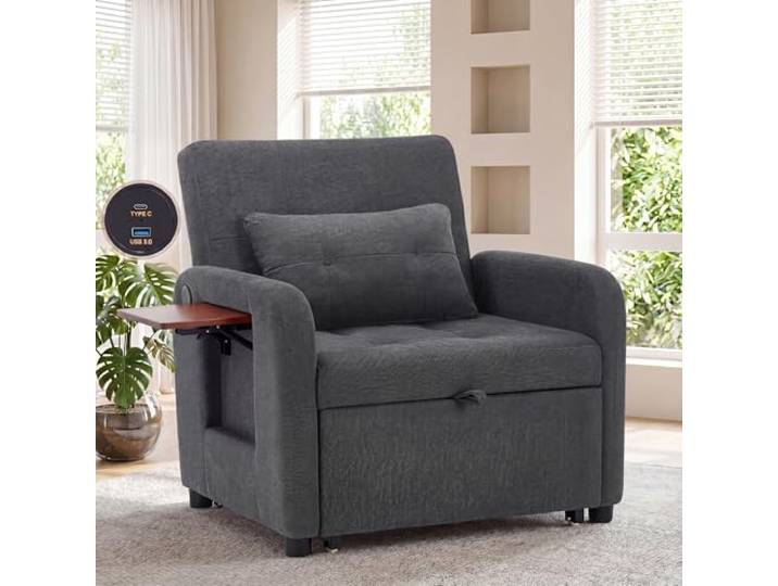 COLAMY Verwandelbarer Schlafsessel – Stoff-Futon-Sofa-Bett, Einzel-Schlafsofa, kleines Couchbett mit USB-Anschluss, klappbarem Tisch, Kissen und Verstellbarer Rückenlehne für Wohnheim, Hellgrau