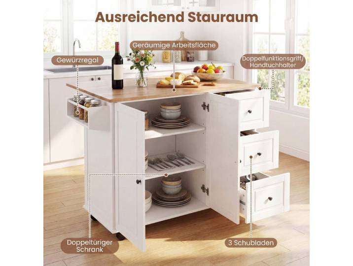 3 tiroirs et armoire desserte de cuisine à roulettes plan de travail rabattable étagères réglables