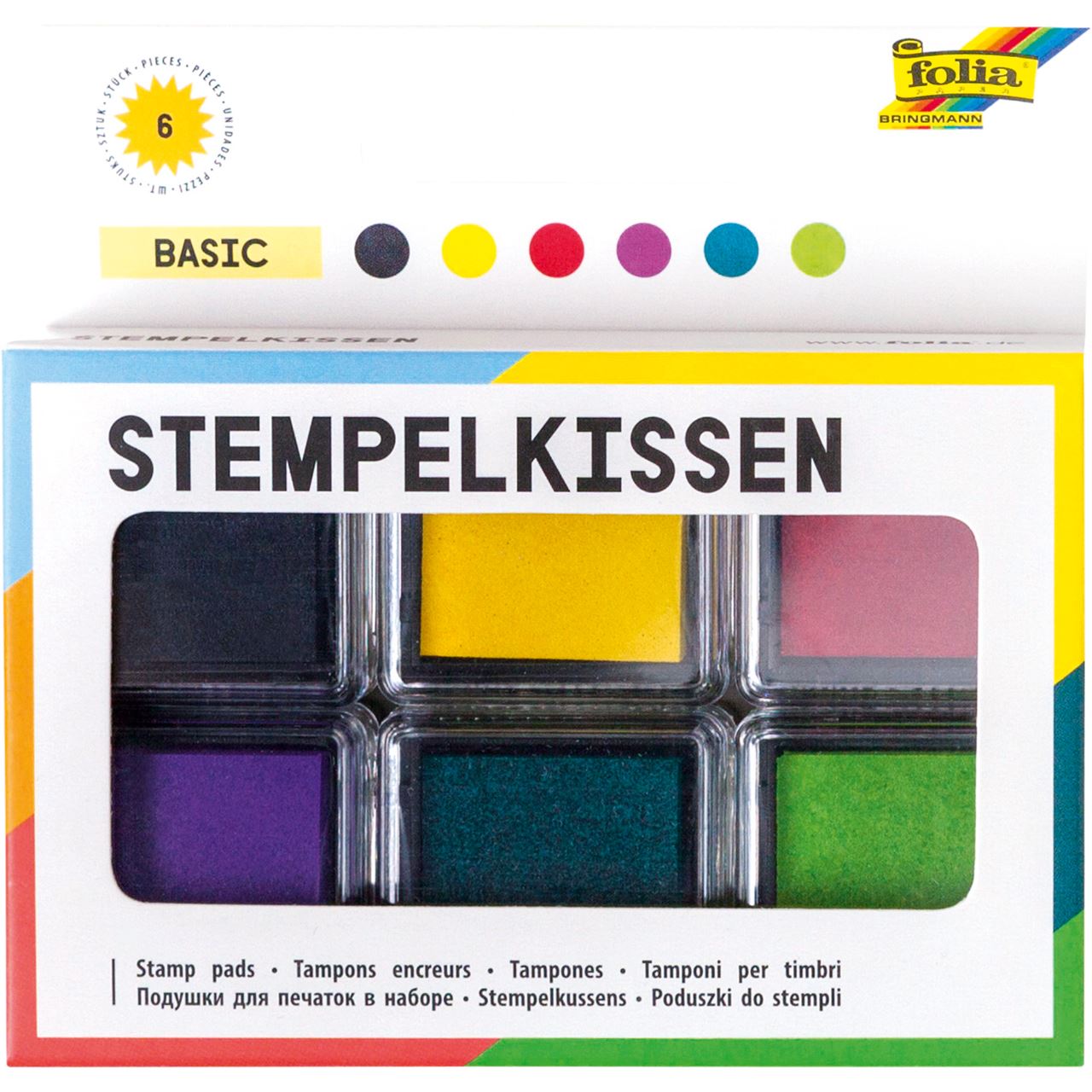folia Stempelkissen basic schwarz, gelb, rot, lila, türkis, grün 6x 2,4 x 2,4 cm