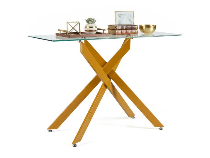 Console Meuble Verre Axis\, Console Entree Transparent\, Pieds Tubulaires En Métal Chromé\, Design Moderne\, Pour Salon\, Couloir\, Doré