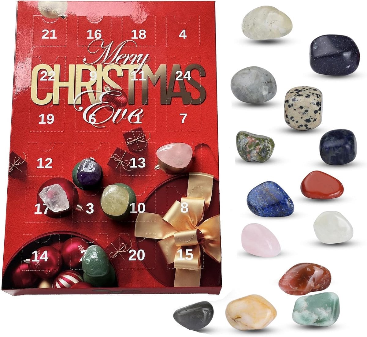 Kerst-aftelkalender 2026 met 24 natuurlijke mineralen, kristallen en agaten - Rood