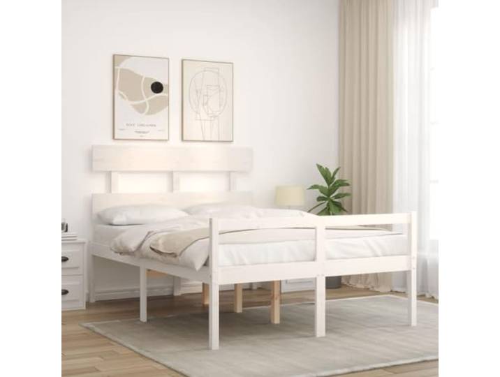 KTHLBRH Bett für Senioren mit Kopfteil weiß 120 x 200 cm Massivholz Sitzhöhe 45 cm, Abstand unten 35 cm, Latten aus Sperrholz, Matratze nicht im Lieferumfang enthalten