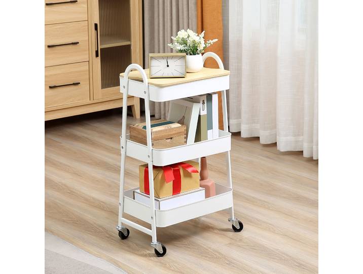 HOMCOM Chariot Acier 3 Niveaux Roulettes Plateau MDF 45x31x79cm
