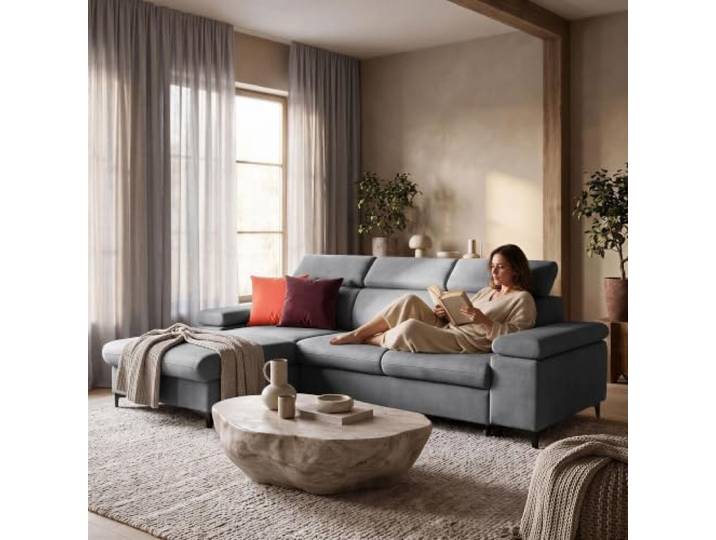 Muffo Ecksofa mit Schlaffunktion und Bettkasten Links Dunkelgrau freistehendes Sofa verstellbare Armlehnen Schlafsofa MAVIC L Stauraum Ecksofa verstellbare Kopfstützen