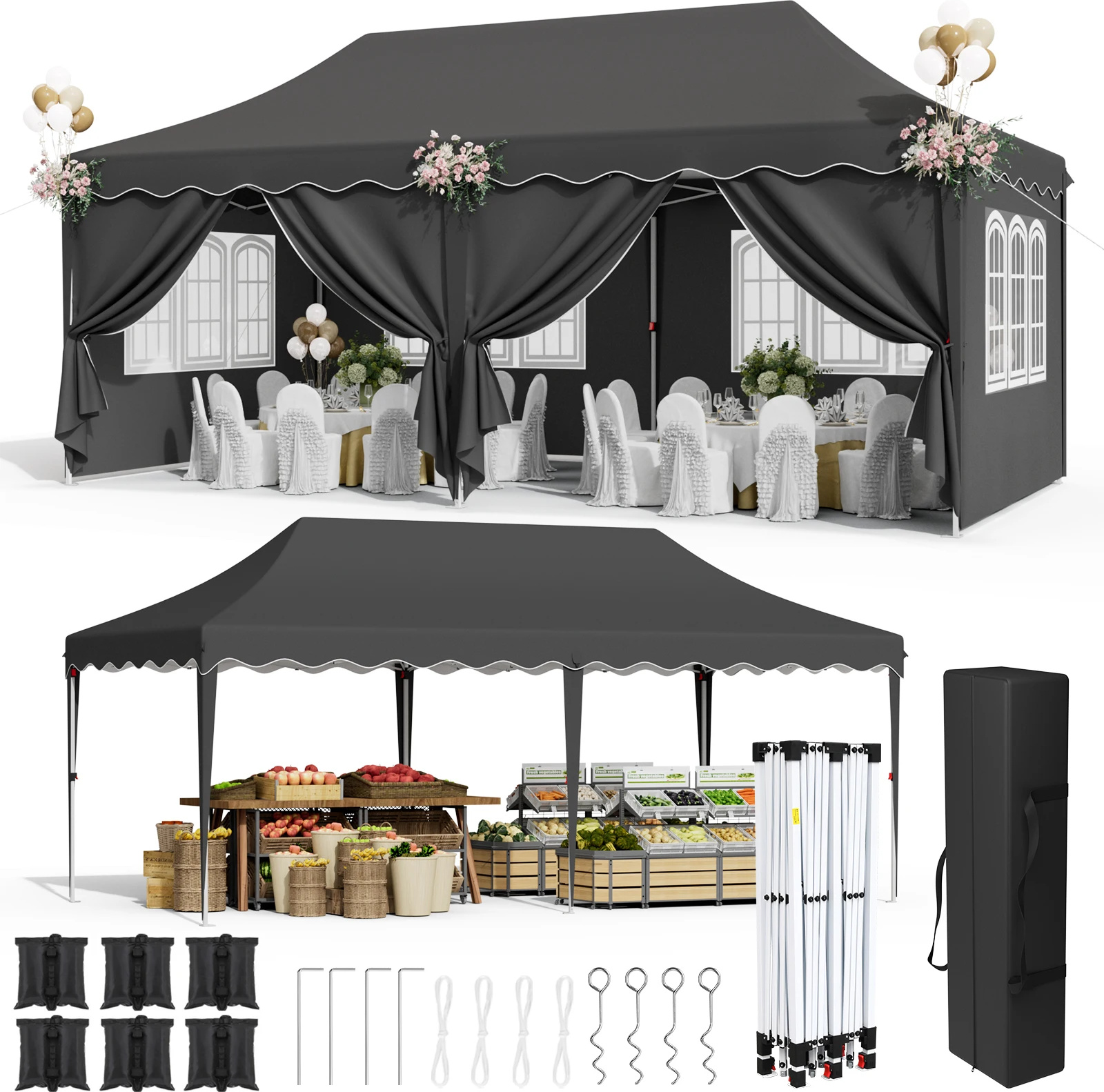 Pop-Up Pavillon Zelt, wasserdicht, UV-Schutz, stabiler Aluminiumrahmen, schwarz