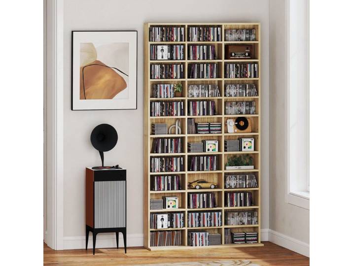 Rangements pour CD et DVD bibliothèque étagère rangement 1116 CD/528 DVD 36 compartiments et étagères réglables chêne