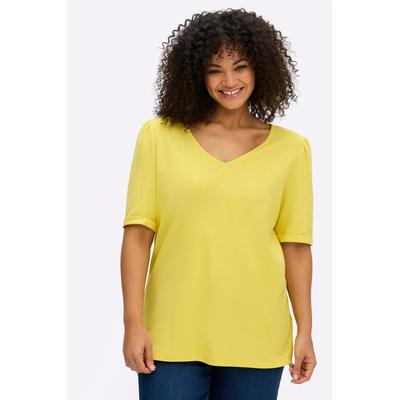 V-Shirt SHEEGO "Halbarmshirt", Damen, Gr. 48/50, gelb (limone), 100% Baumwolle, unifarben, V-Ausschnitt, Shirts