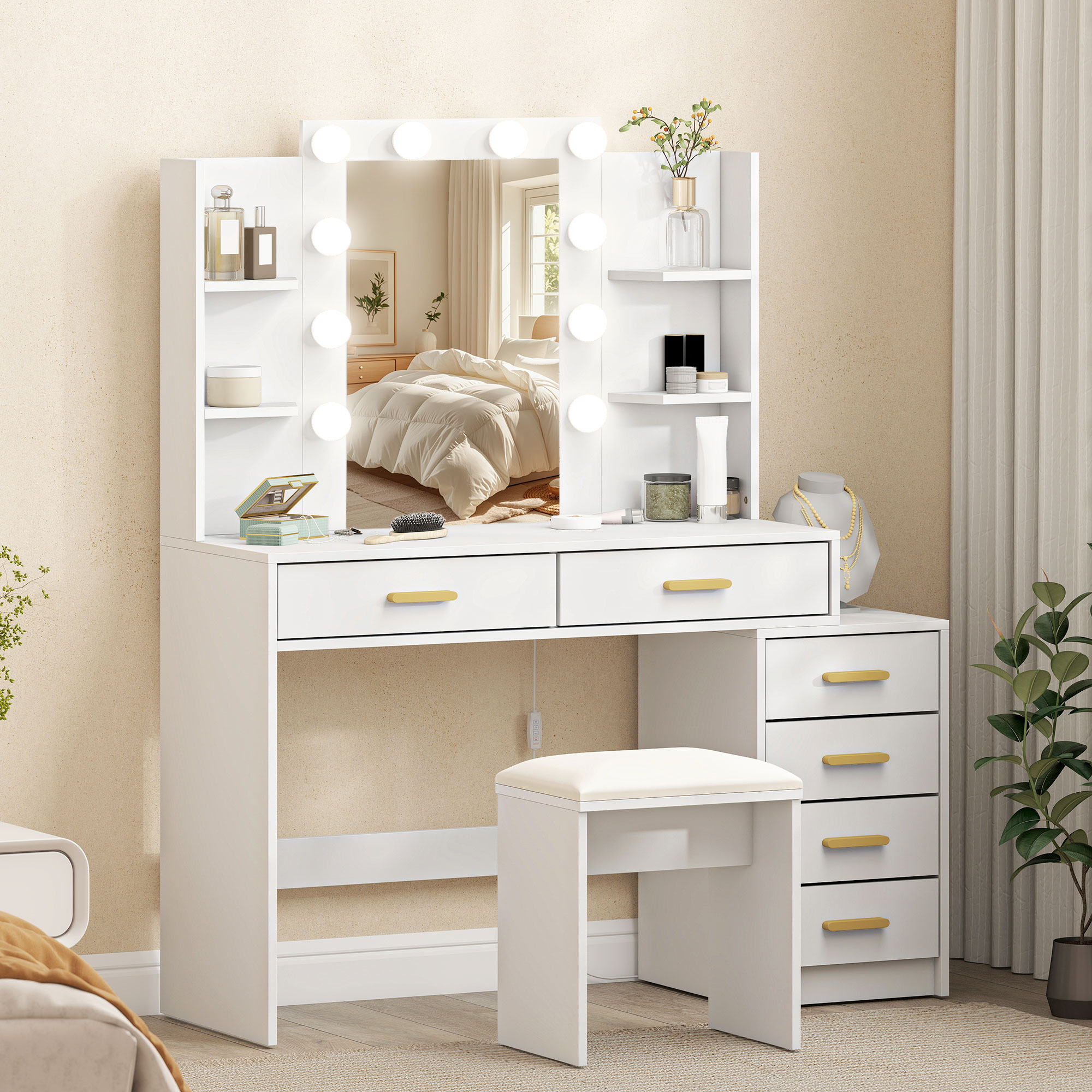 Homcom Tavolo da trucco con specchio illuminato e sgabello imbottito, set trucco con 6 cassetti e ripiani, bianco   Aosom Italy
