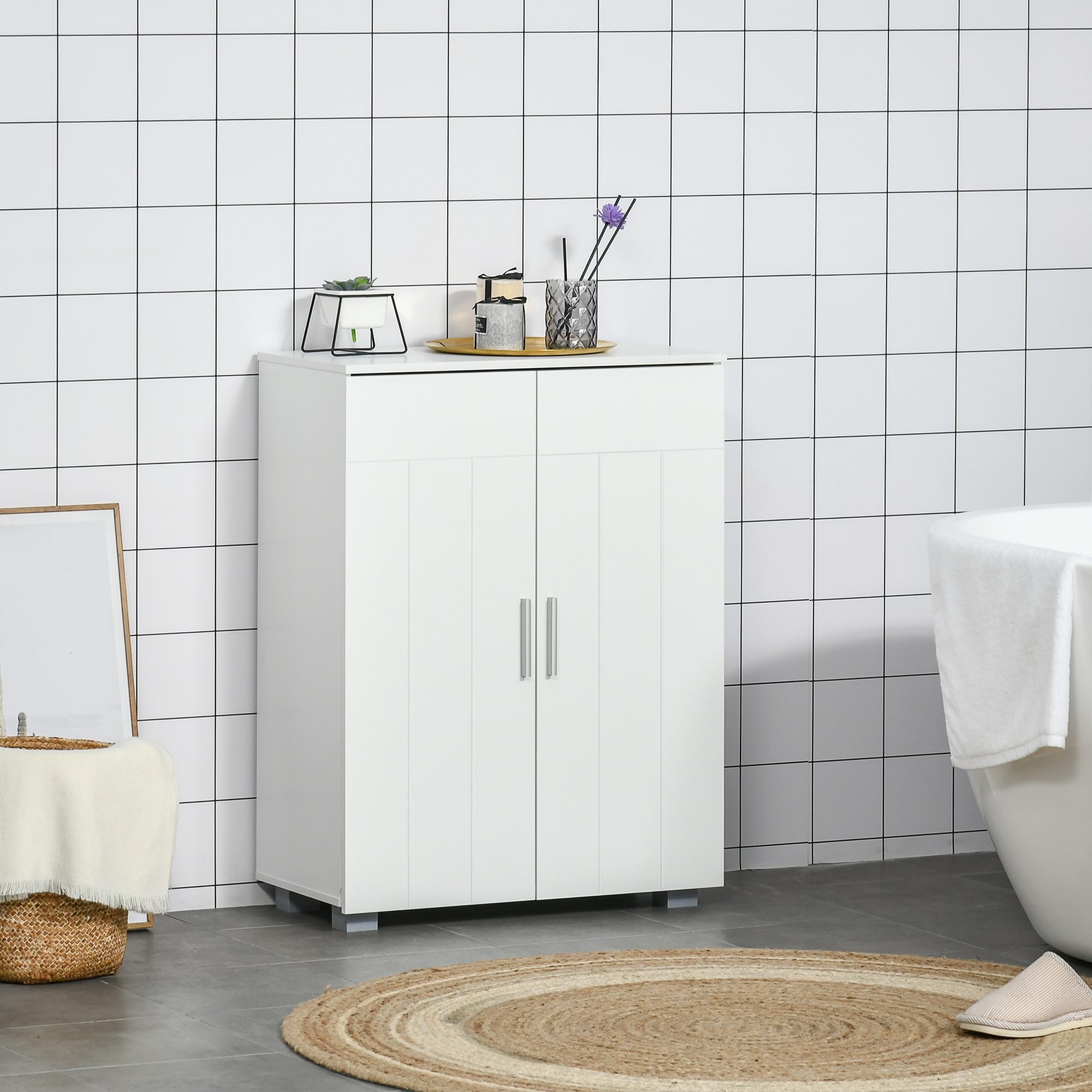 Kleankin Mobile Bagno Moderno con 2 Ante, 2 Ripiani Regolabili e Maniglie Argentate, 60x30x80 cm, Bianco   Aosom Italy
