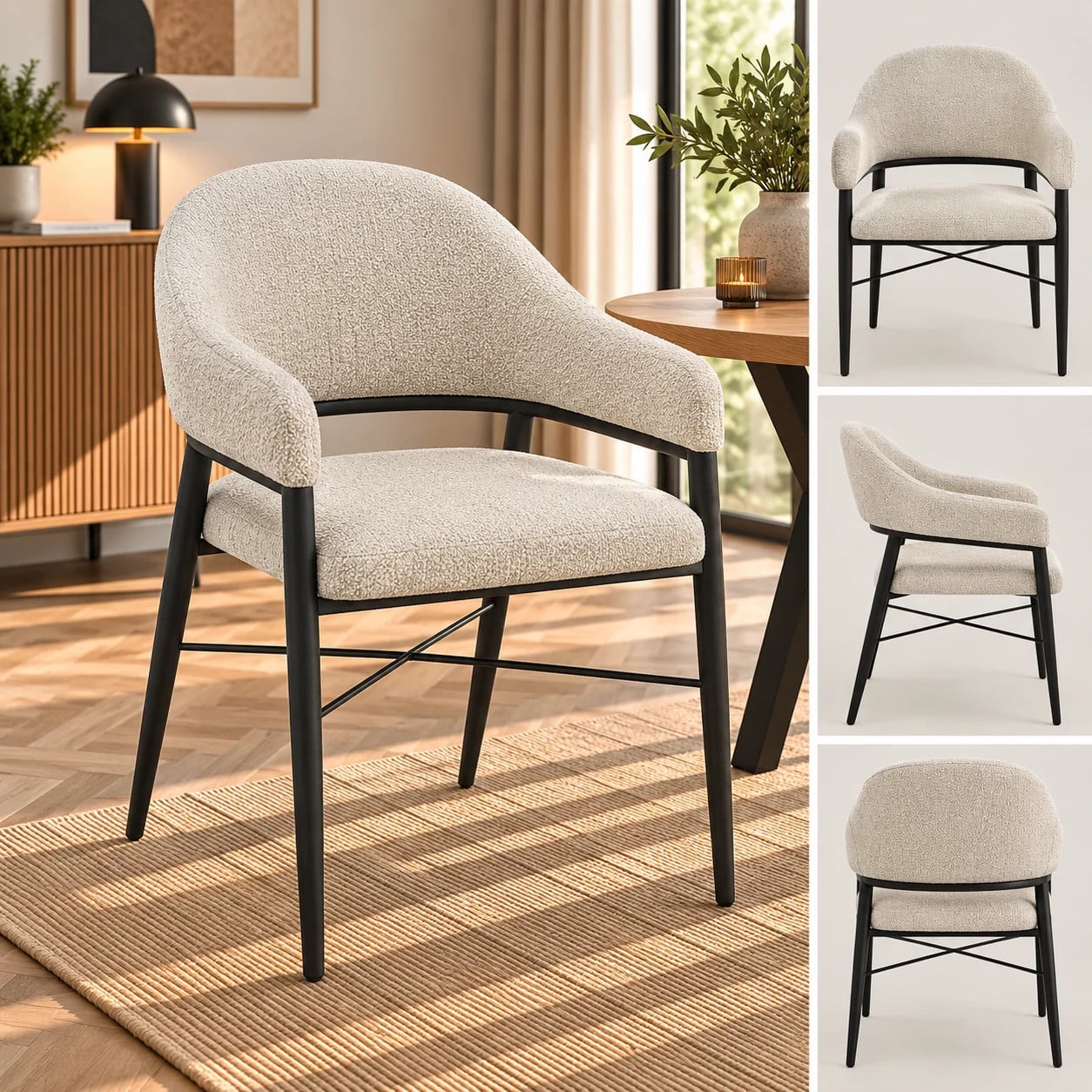 WoonMax Eetkamerstoel Roma met armleuningen - Boucle stof - Zwart of Beige