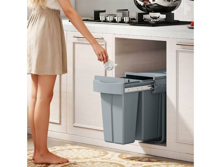 HOMCOM Poubelle Coulissante 30L 2 Compartiments Sous Évier Gris
