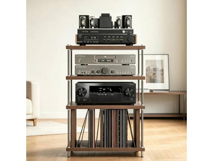 YHTCSXMD HiFi Rack, Audio Geräte Rack mit 18 mm Holzböden 18-mm-Holzböden, 43 cm Höhenverstellung, Vinylfach und Dämpfungsspitzen; Wohnzimmer, Arbeitszimmer und Hörbereich