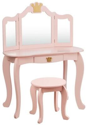 Costway Kids Makeup Dressing Table with Tri-folding Mirror and Stool-Pink