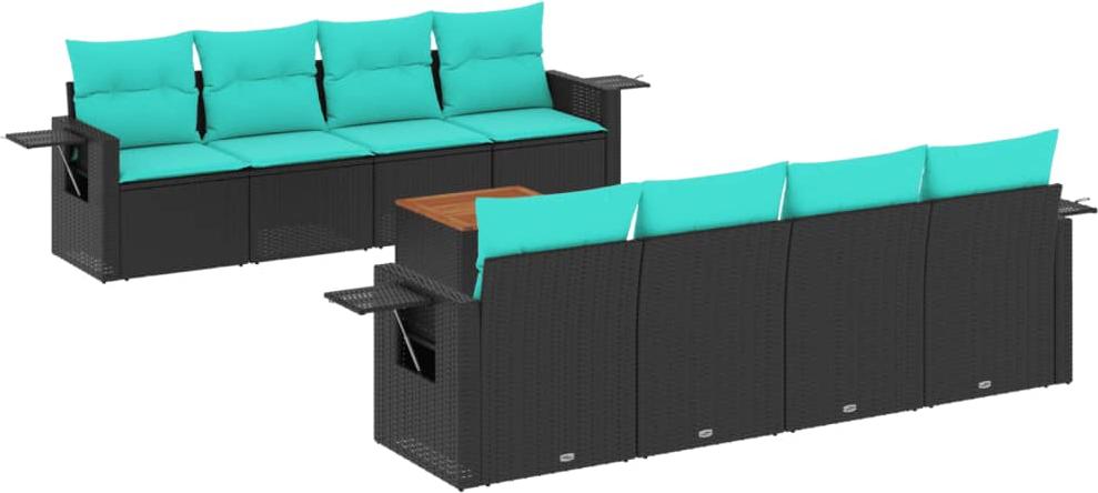 vidaXL 9-teiliges Gartensofa-Set mit Kissen, schwarzes Polyrattan