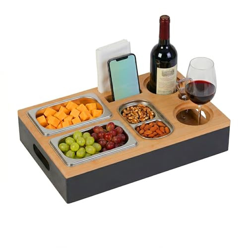 Relaxdays Couchbar van bamboe met 3 rvs schaaltjes, zwart/naturel
