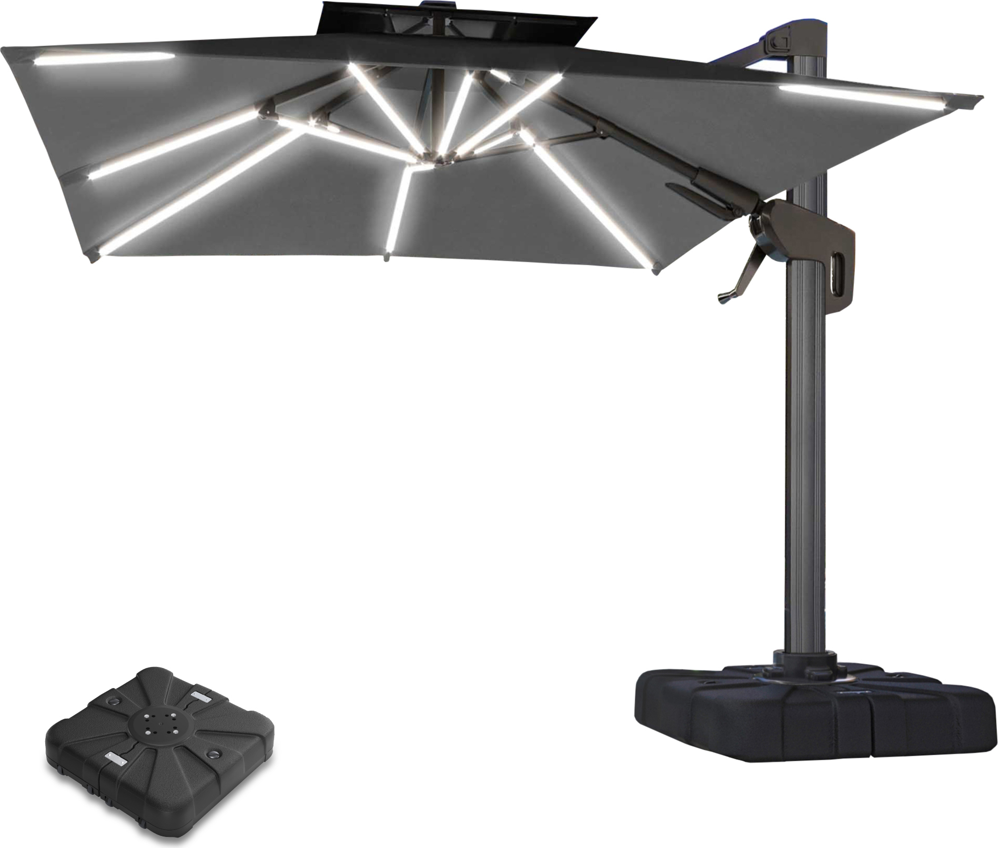 SUN PIETRO | Sonnenschirm | Quadratisch | B:T 300 x 300 cm | Schwarz | LED | +Ständer | Sonnenschirm, Gartenschirm, Ampelschirm, Balkonschirm