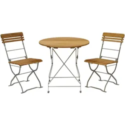 Biergarten - Garnitur MÜNCHEN 3-teilig (2x Stuhl, 1x Tisch 77cm rund), Flachstahl verzinkt + Robinie