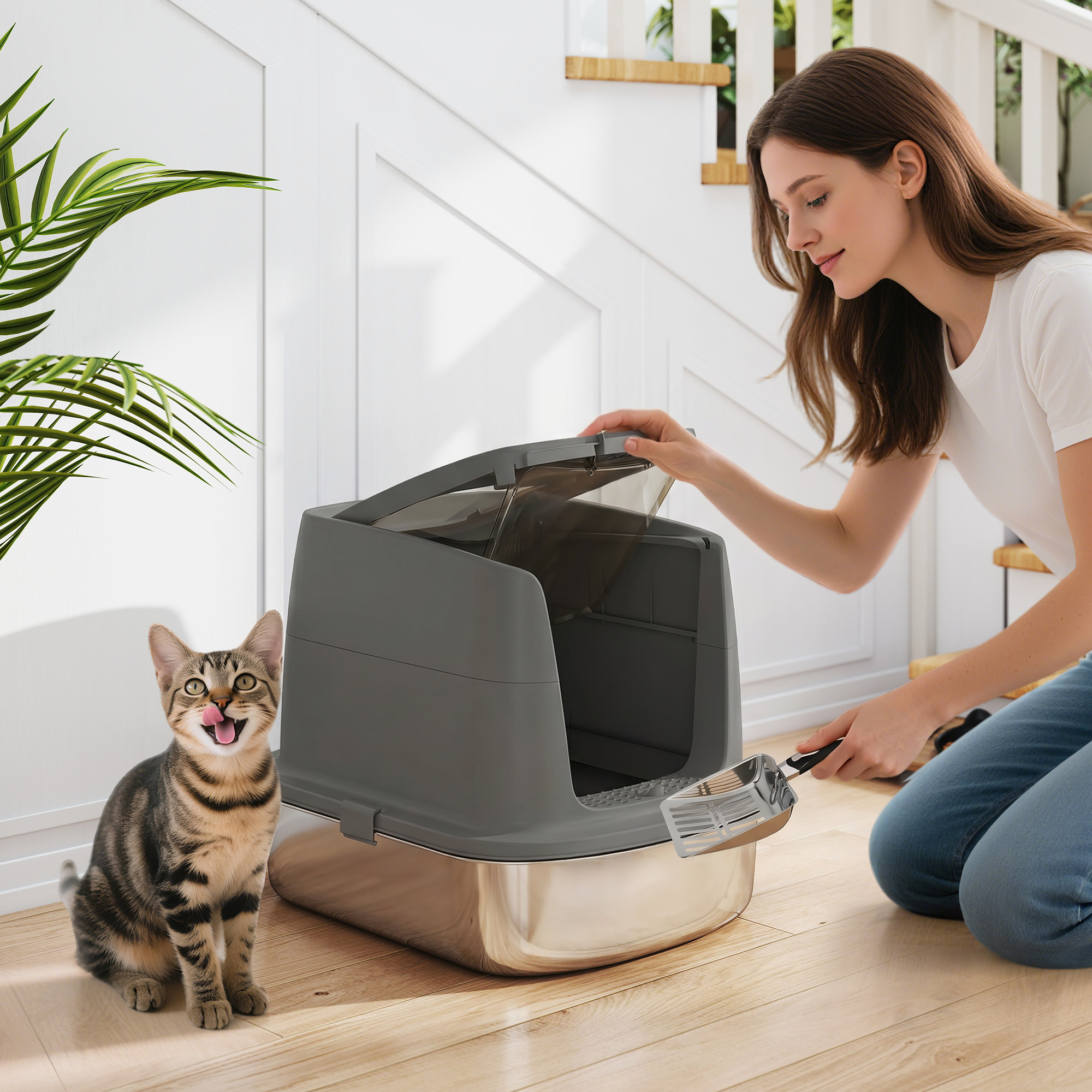 Pawhut Grande Lettiera per Gatti in Acciaio Inox, Vassoio Chiuso per Lettiera con Paletta in Metallo e Sacchetto Deodorante, Grigio Scuro   Aosom Italy