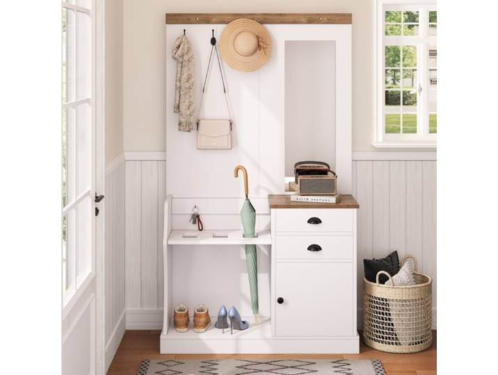 Porte-manteau - DREAMMESPACE - Ensemble de garde-robe - Miroir intégré - 2 tiroirs - Blanc et bois