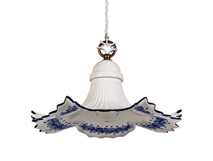 Pendelleuchte Keramik weiß Landhausstil Keramiklampe Küche blau dekoriert Helios Leuchten 207166 Küchenlampe weiß - blau handbemalt, Deckenlampe für Esstisch Küchentisch, Aufhängung Stoffkabel 1xE27