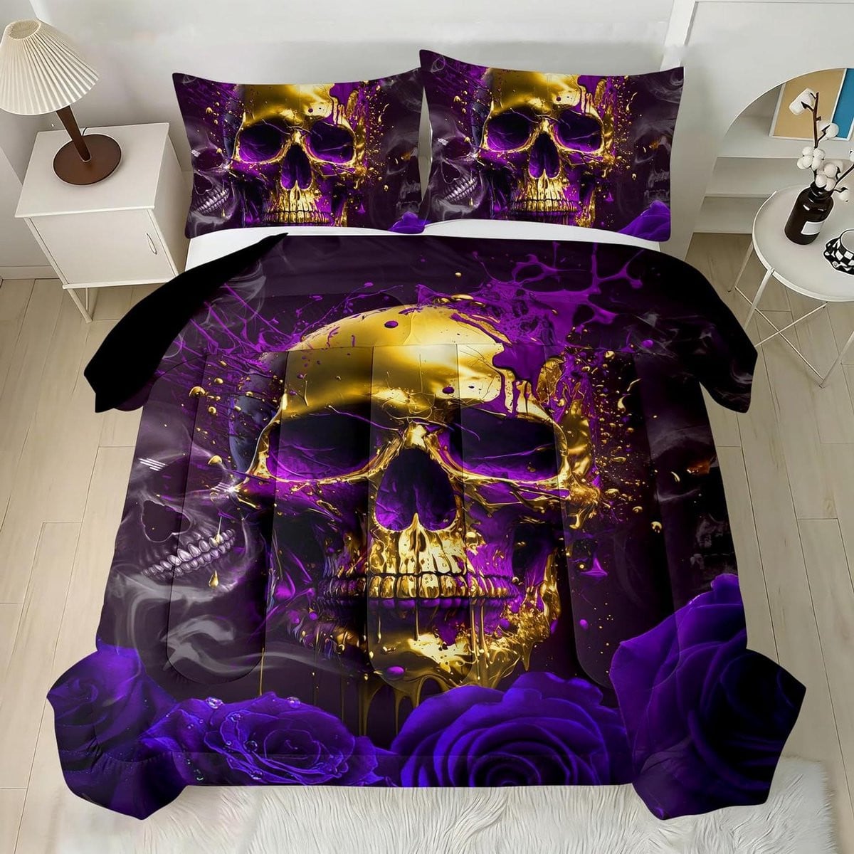 Dekbedovertrek Set met Schedelprint - Zwart - Omkeerbaar Microvezel - 135 x 200 cm