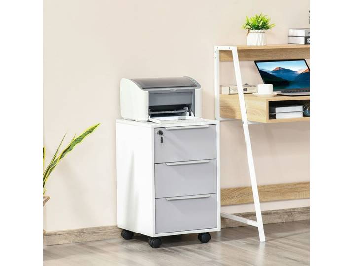 Caisson de bureau à roulettes - 3 tiroirs - Mélamine blanc et gris - Serrure centralisée - Roulettes 360° (2 freins)