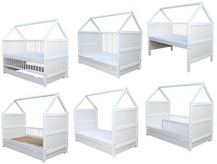 Micoland Babybett Kinderbett Juniorbett Bett Haus 140x70 cm optional mit Matratze und Schublade umbaubar massiv Weiss bis 6 Jahre (Bett mit Matratze und Schublade)