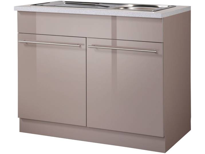 Spülenschrank WIHO KÜCHEN Chicago , braun (front: trüffel glanz, korpus: trüffel. arbeitsplatte: canvas grau), B:100cm H:85cm T:60cm, Schränke, Spülenschrank, 100 cm breit, inkl. Einbauspüle aus Edelstahl