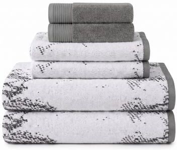 Superior 6-Piece Cotton Towel Set - Marble & Solid Jacquard - Quick-Dry Hotel Quality Bathroom Towels