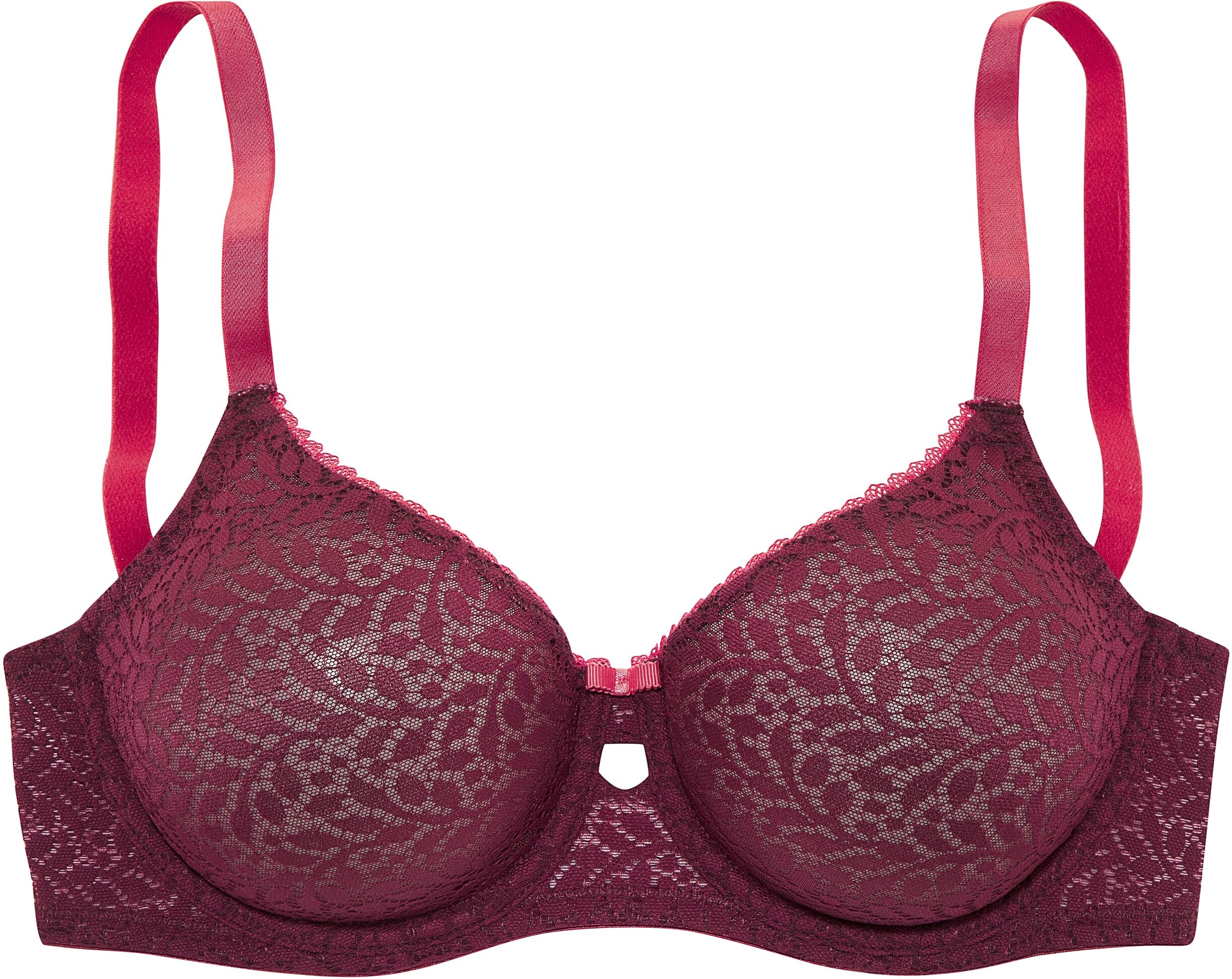 Minimizer-BH NUANCE BY LASCANA, Damen, Gr. 100, Cup C, lila (bordeaux, rouge), Spitze, Obermaterial: 91% Polyamid, 9% Elasthan, BHs Minimizer-BH, mit Bügel aus leicht transparenter Spitze – ideal für grosse Grössen bordeaux, rouge 100, Cup C
