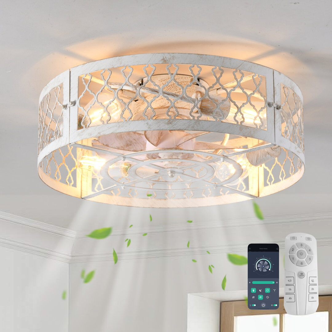 Blue Elephant 50cm Farmhouse Reversible Caged Ceiling Fan with Light Kit and Remote Distressed White 50cm