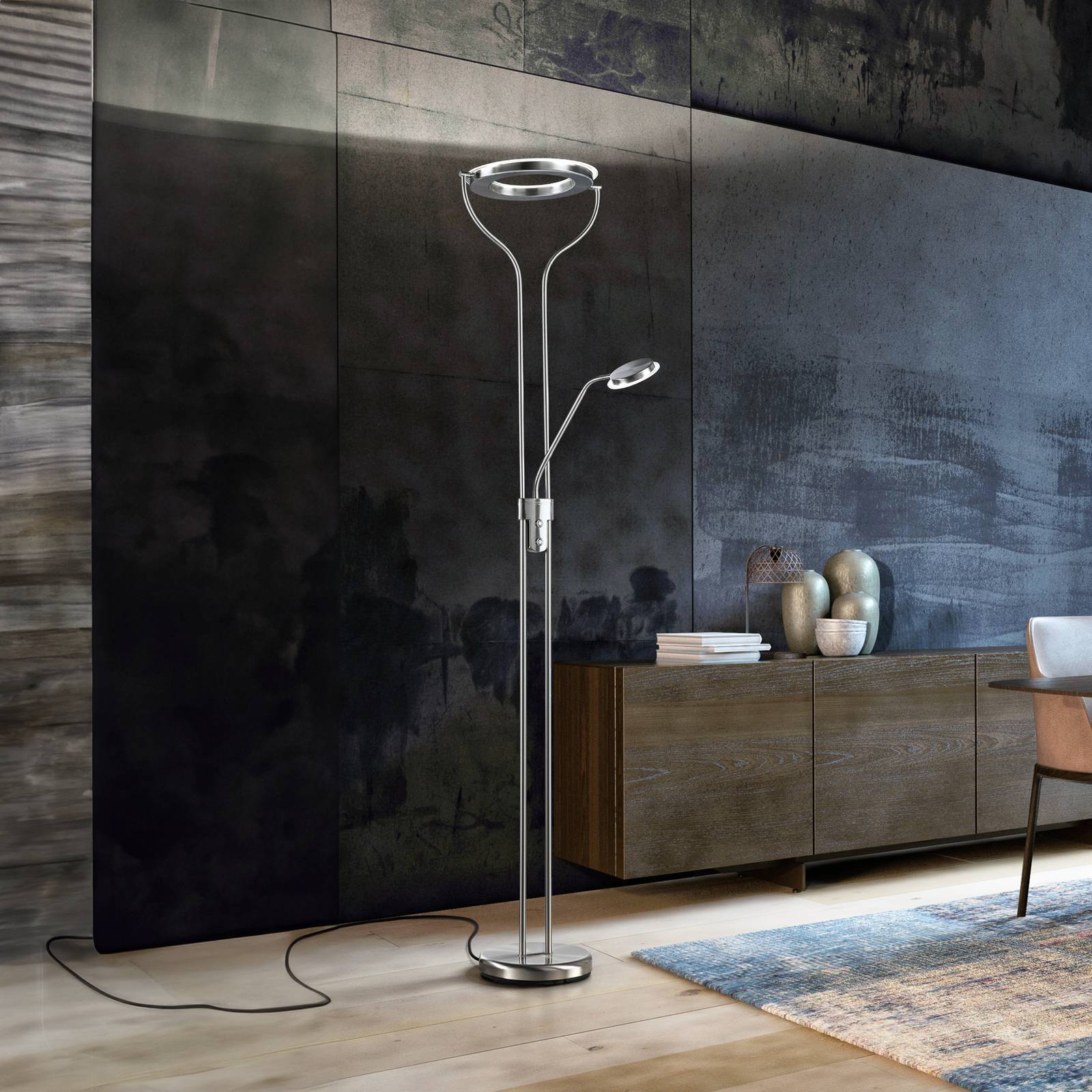 FISCHER & HONSEL LED Uplighter Floor Lamp Davos, dimmable, Alu / grey / zinc, Living / Dining Room, metal, Floor Lamp