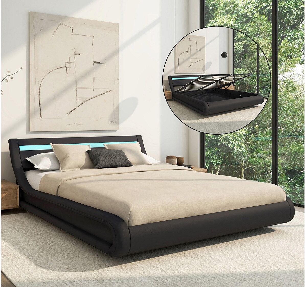 MB Muebles Bonitos Cama de matrimonio con canapé 150x190cm en Negro con LED Parisina
