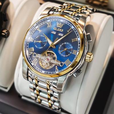 Inspired Finds OLEVS Automatic Mechanical Men's Watch Waterproof Stainless Steel Skeleton Business Wristwatch gold Blue Face