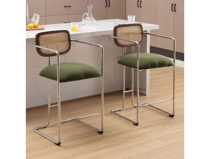 Wahson Lot de 2 Tabouret de Bar Moderne Chaise Haute de Bar Cuisine Pied Métal Chaise Haute Bar avec Dossier Rotin Lin Vert