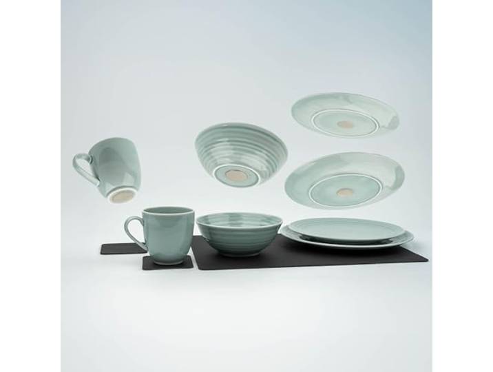 silwy Porzellan CYAN Geschirr-Set, Klassisch, Einfarbig (Cyan), Teller, Schüsseln, Tassen mit Untersetzer, 26x26cm, 23x23cm, 16x16cm