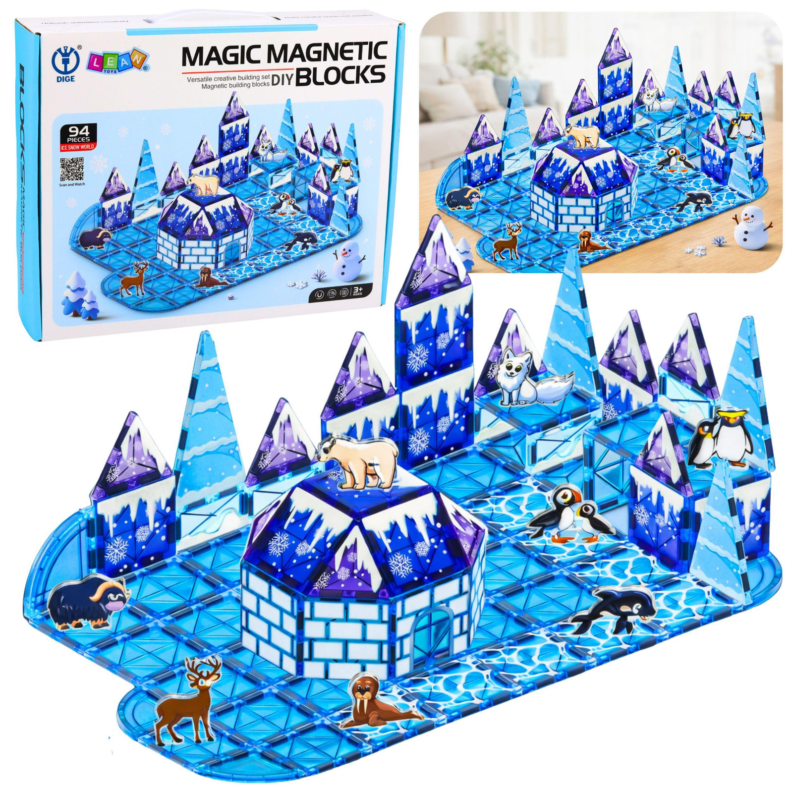Lean Toys Magnetische blokken IJsland Dierenfiguren Blauw 94 stuks