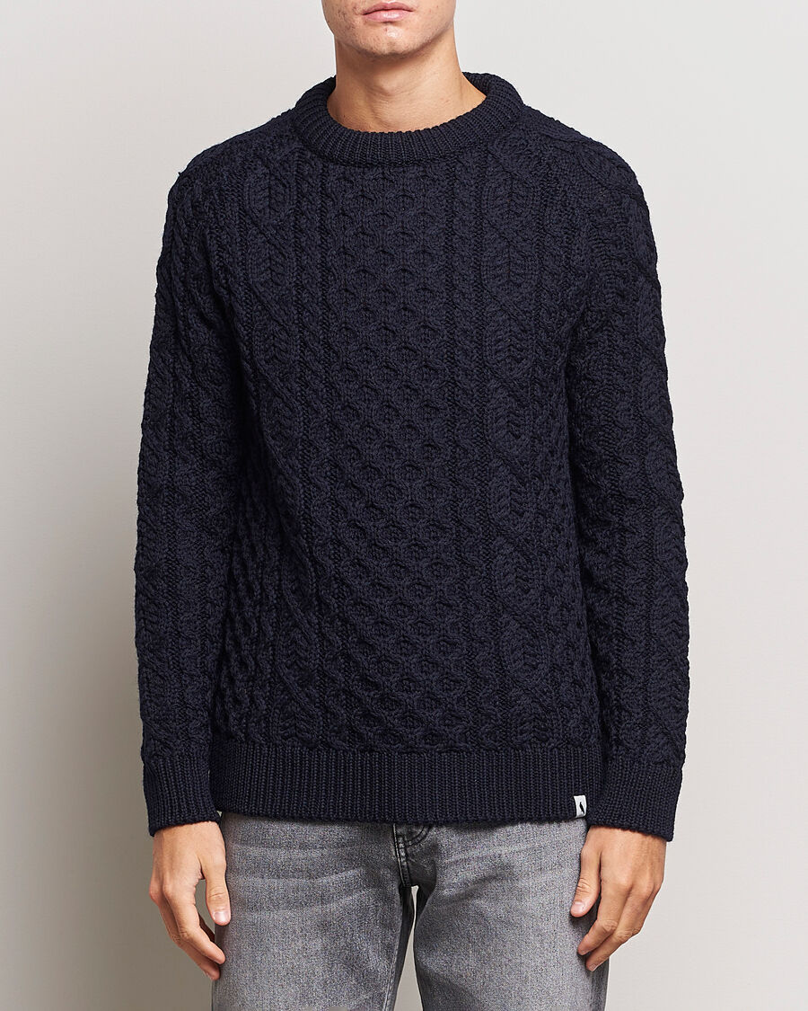 Peregrine Hudson Wool Aran Knitted Jumper Navy men XL Blå