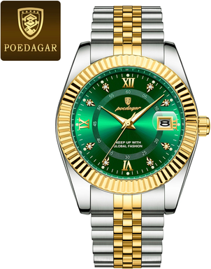 Youfap Market Waterproof Luxury Business Men's Wristwatch, Stainless Steel Military Date Quartz Watch gold Green