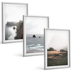 BILDER SET 3er Set - 40x60 cm Silberner Rahmen - Landschaften aus Bergen und Meer
