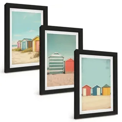 BILDER SET 3er Set - 20x30 cm Schwarzer Rahmen - Bunte Häuser, Strand, Sonne