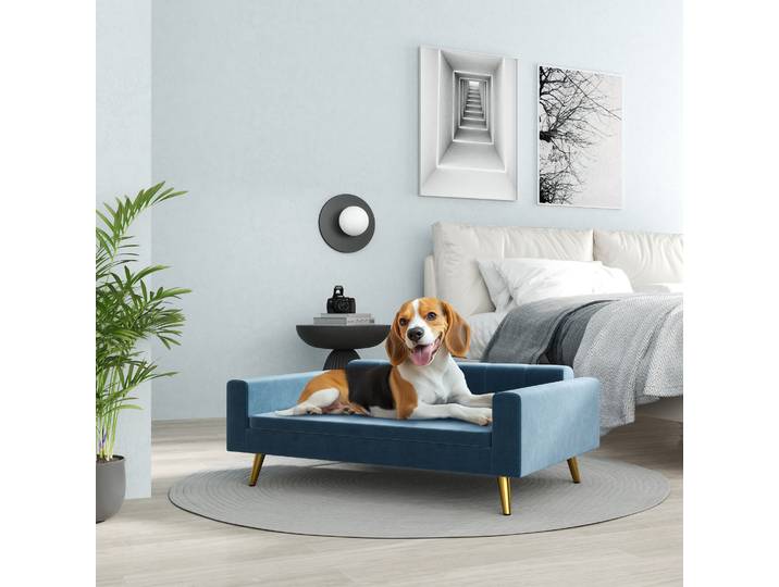PawHut Canapé Chien Velours Bleu Pieds Métal 94x59,5x31,5 cm