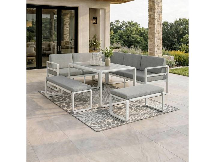 Dining-Loungeset Aruba Hellgr. /Weiß Outdoorstoff/Metall