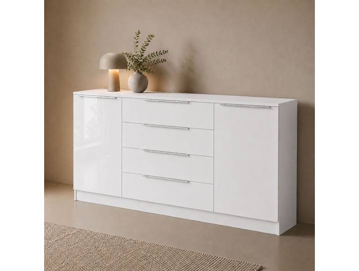 Kommode BORCHARDT MÖBEL Oliva, Kommode mit Metallgriffen , weiss (weiß matt, weiß hochglanz), B:166cm H:78cm T:35cm, Holzwerkstoff, Sideboards, Kommode, mit 4 Schubkästen