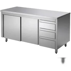 GastroHero Edelstahl Arbeitsschrank 150x60 cm mit Schiebetür & 3 Schubladen, Aufkantung 100 mm ECO AISI430