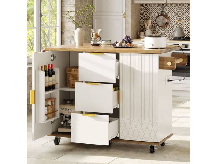 Chariot de cuisine mobile - Blanc - MDF+Métal - 134x46x88 cm - Poids 49.8 kg - Supporte jusqu'à 70 kg