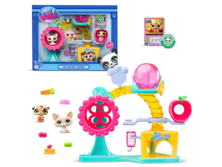 Bandai - Littlest Pet Shop - Coffret Fun Factory - Ensemble de jeu Pet Shop avec 2 animaux, décor et accessoires - Coffret jouet animaux mignons Chie